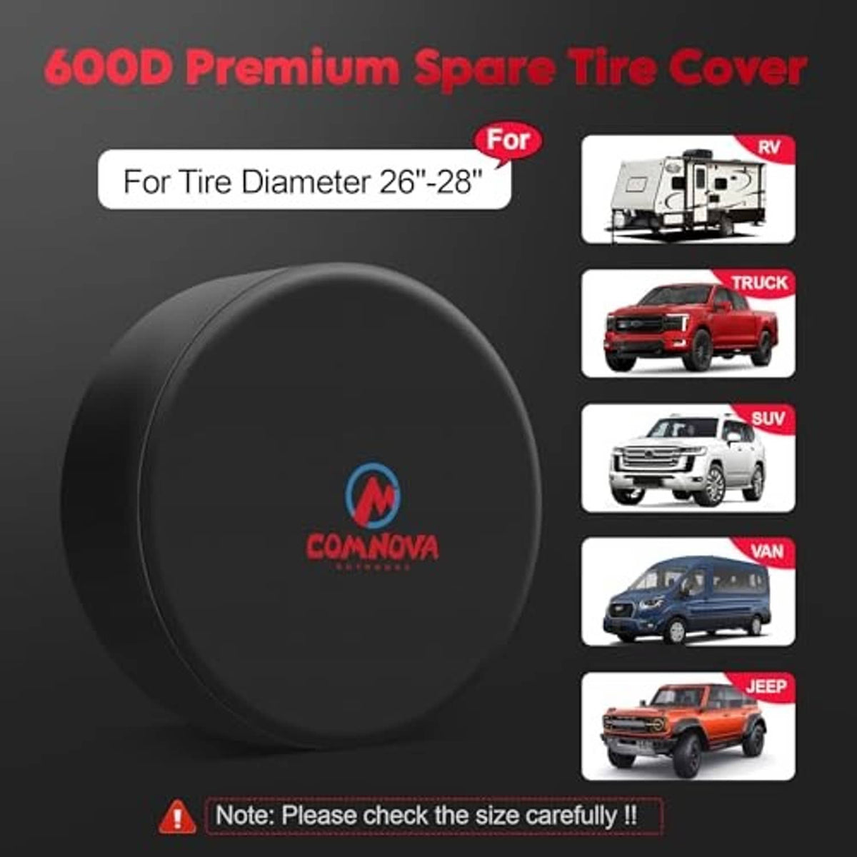 Black spare tire cover with COMNOVA logo, sized for 26–28in tire diameter.