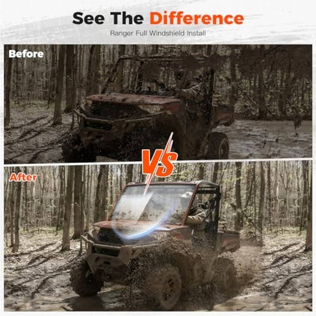 Full UTV windshield on off-road vehicle, clear panel with black frame