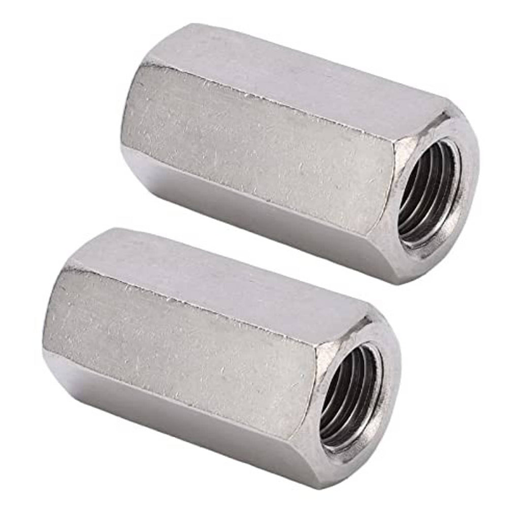 Two 304 stainless hex coupling nuts with M16x2 internal threads, hex exterior, 2-pack