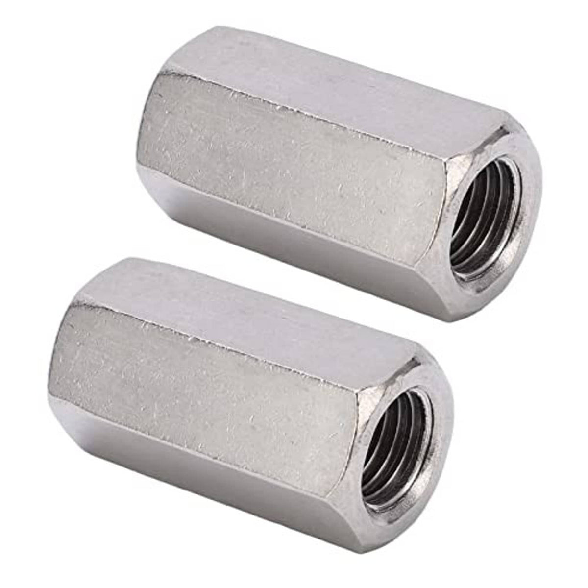 Two 304 stainless hex coupling nuts with M16x2 internal threads, hex exterior, 2-pack