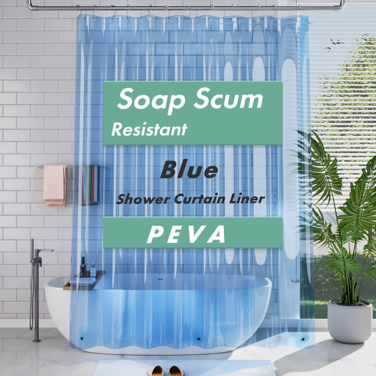Clear blue shower curtain liner with water-resistant protective coating for baths