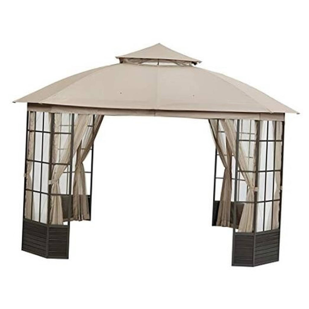 Beige gazebo canopy top cover with valance panels and hanging side curtains
