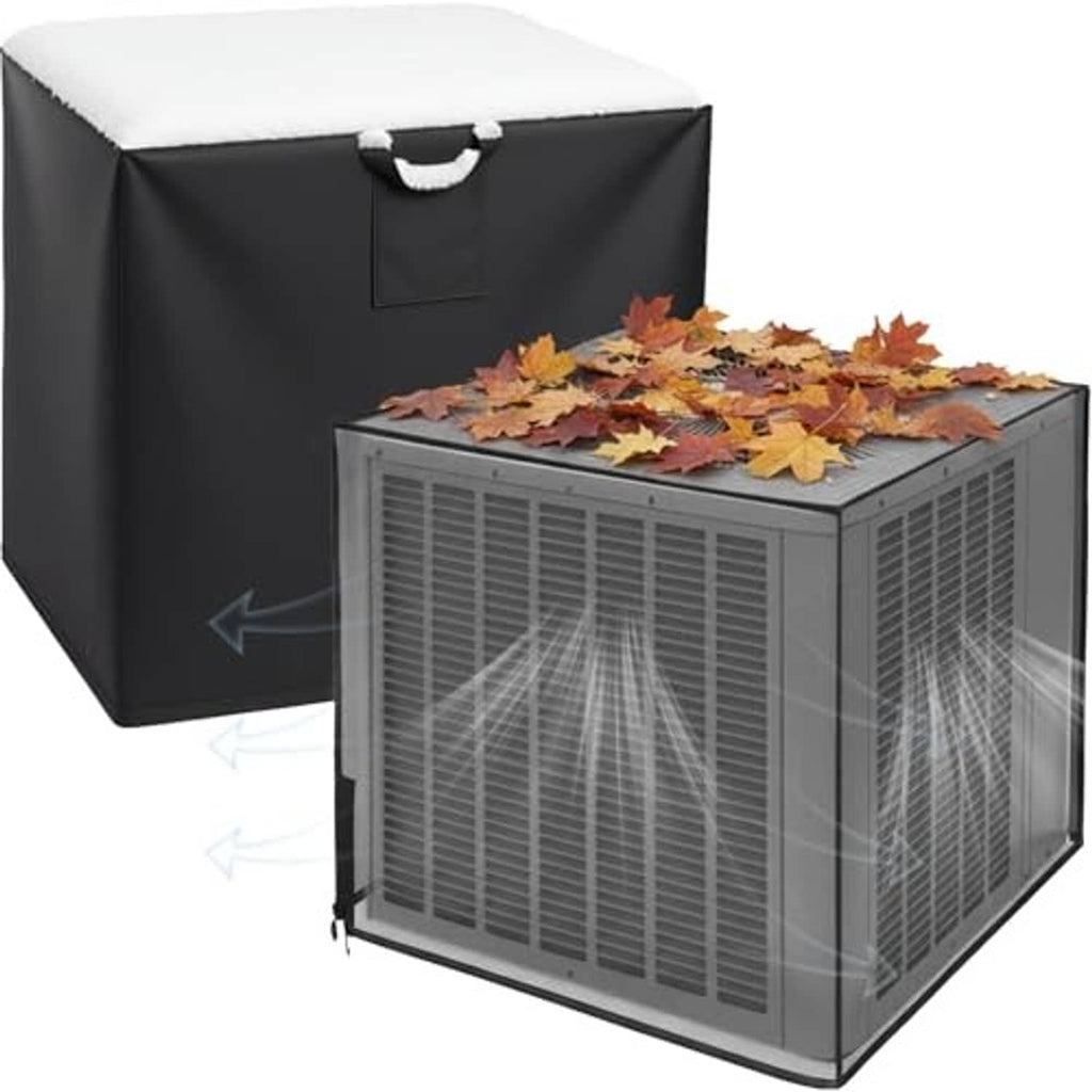 Black outdoor air conditioner cover with top flap and handle over the AC unit.
