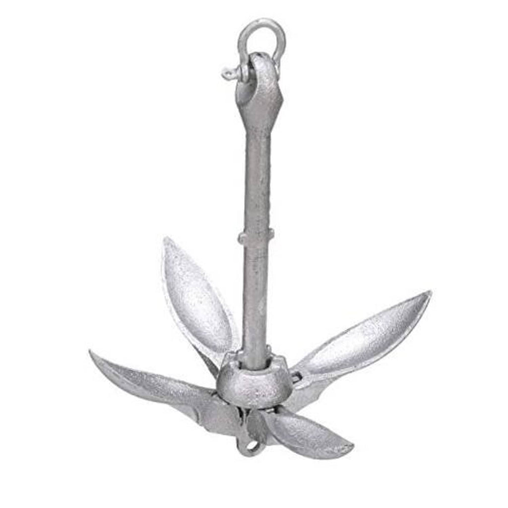 Folding grapnel anchor with four metal flukes and a top lifting ring, silver-gray finish