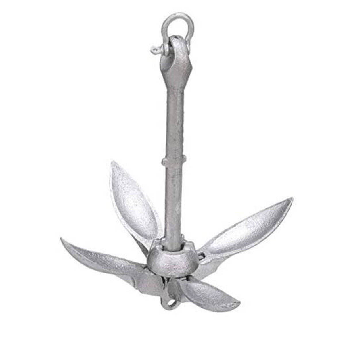 Folding grapnel anchor with four metal flukes and a top lifting ring, silver-gray finish