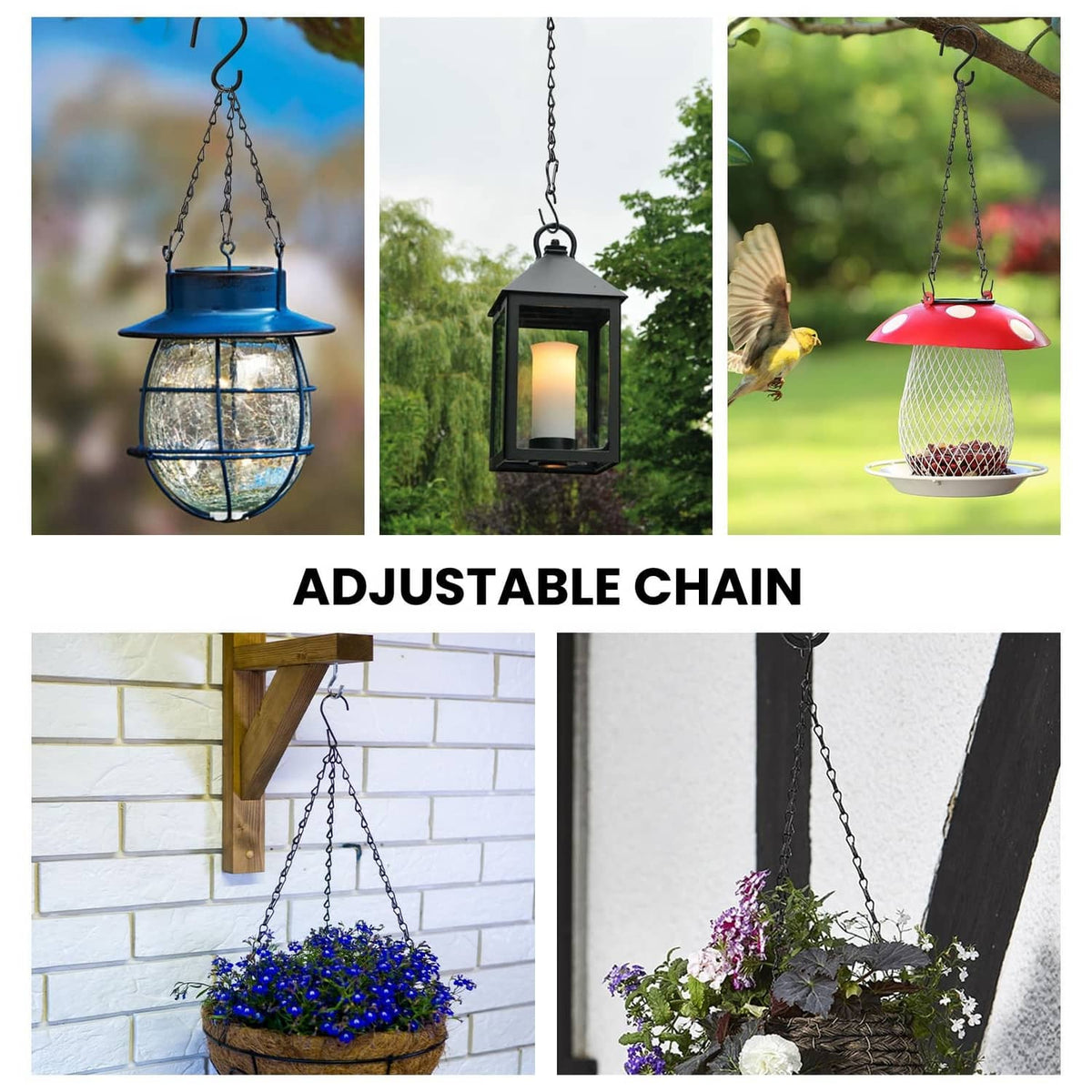 Adjustable black hanging chain hooks for lanterns and outdoor feeders