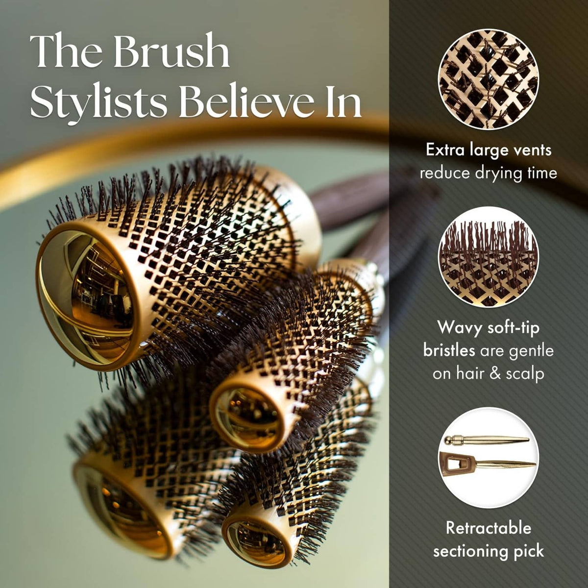 Round hair brush with gold mesh barrel, soft-tip bristles, and retractable sectioning pick.