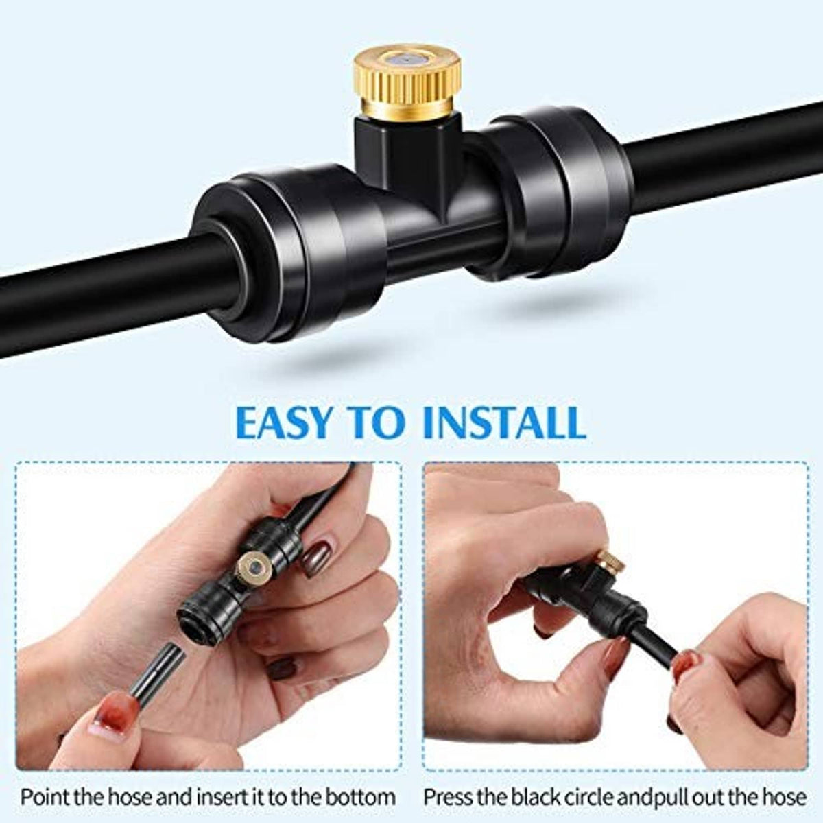Black misting nozzle tee with brass cap and quick-connect hose insertion fitting