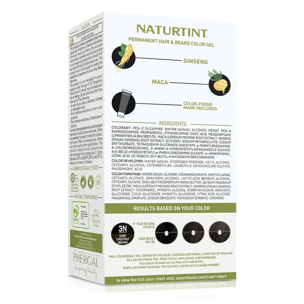 Hair color gel box back panel with ingredient list and color-chart graphic