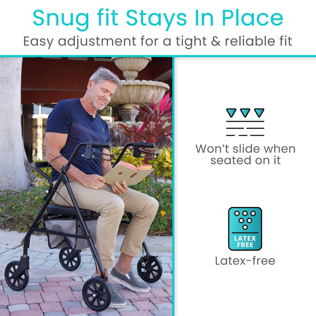 Rollator seat cover on seat, snug fit design for secure staying in place