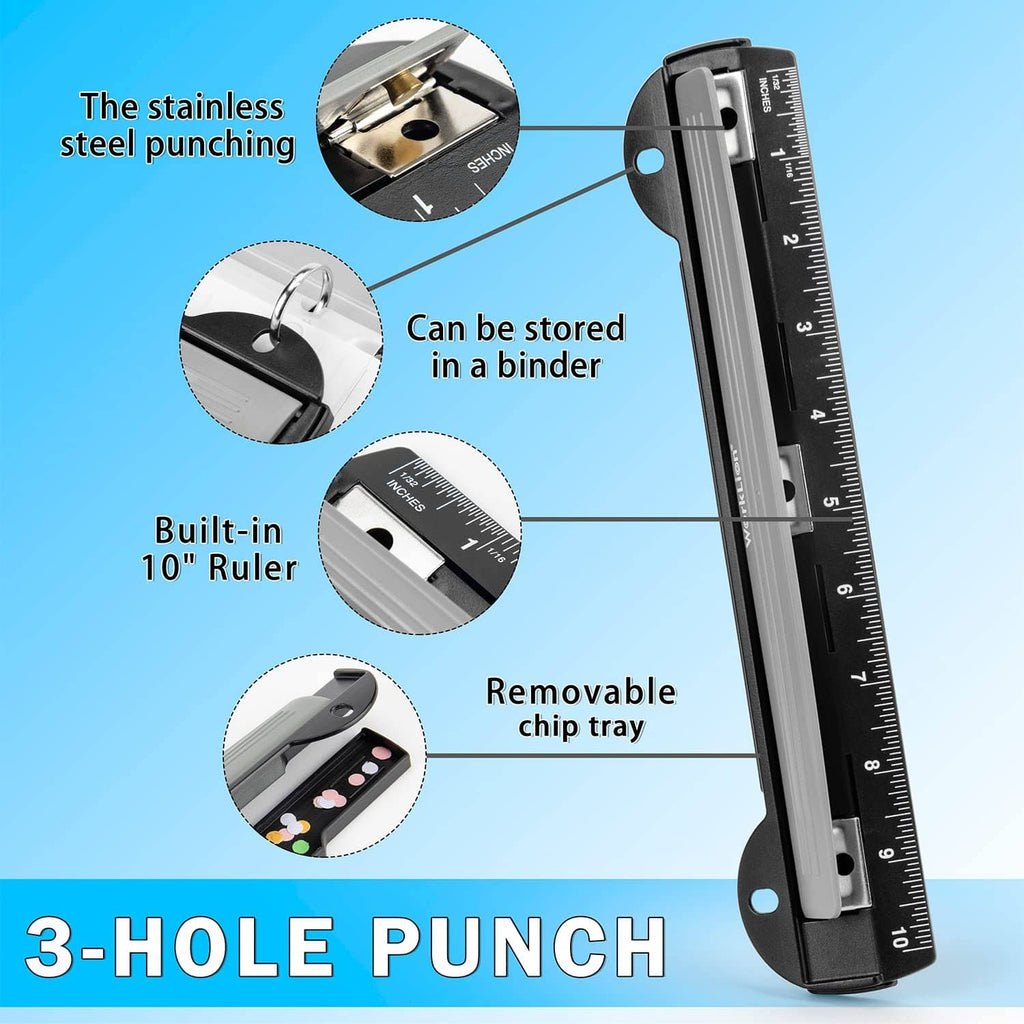 Portable 3-hole binder punch with built-in 10 in ruler and removable chip tray