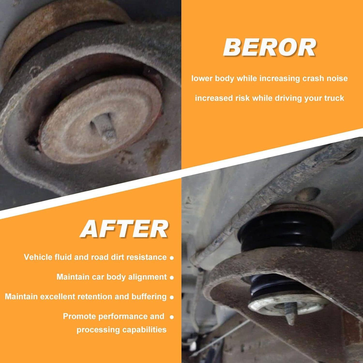 Close-up of black body cab mount bushing on a vehicle bracket
