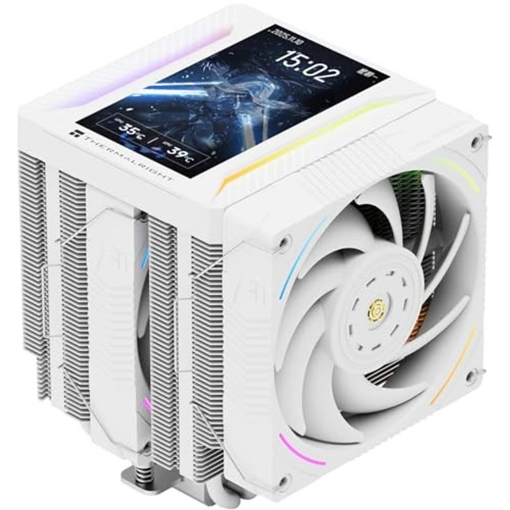 White CPU air cooler with dual tower fins, 120mm fan, and RGB light ring accents