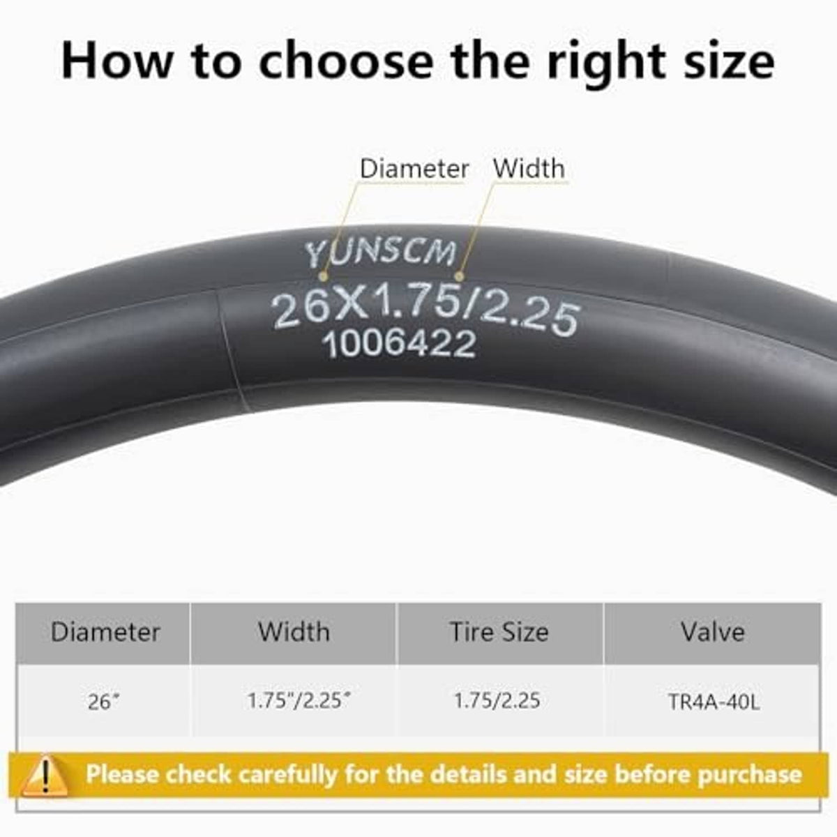 Black 26x1.75/2.25 bike inner tube close-up, showing size markings on the surface