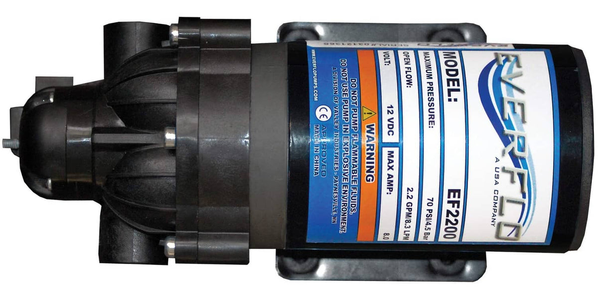 Black on-demand diaphragm sprayer pump with blue label and intake ports