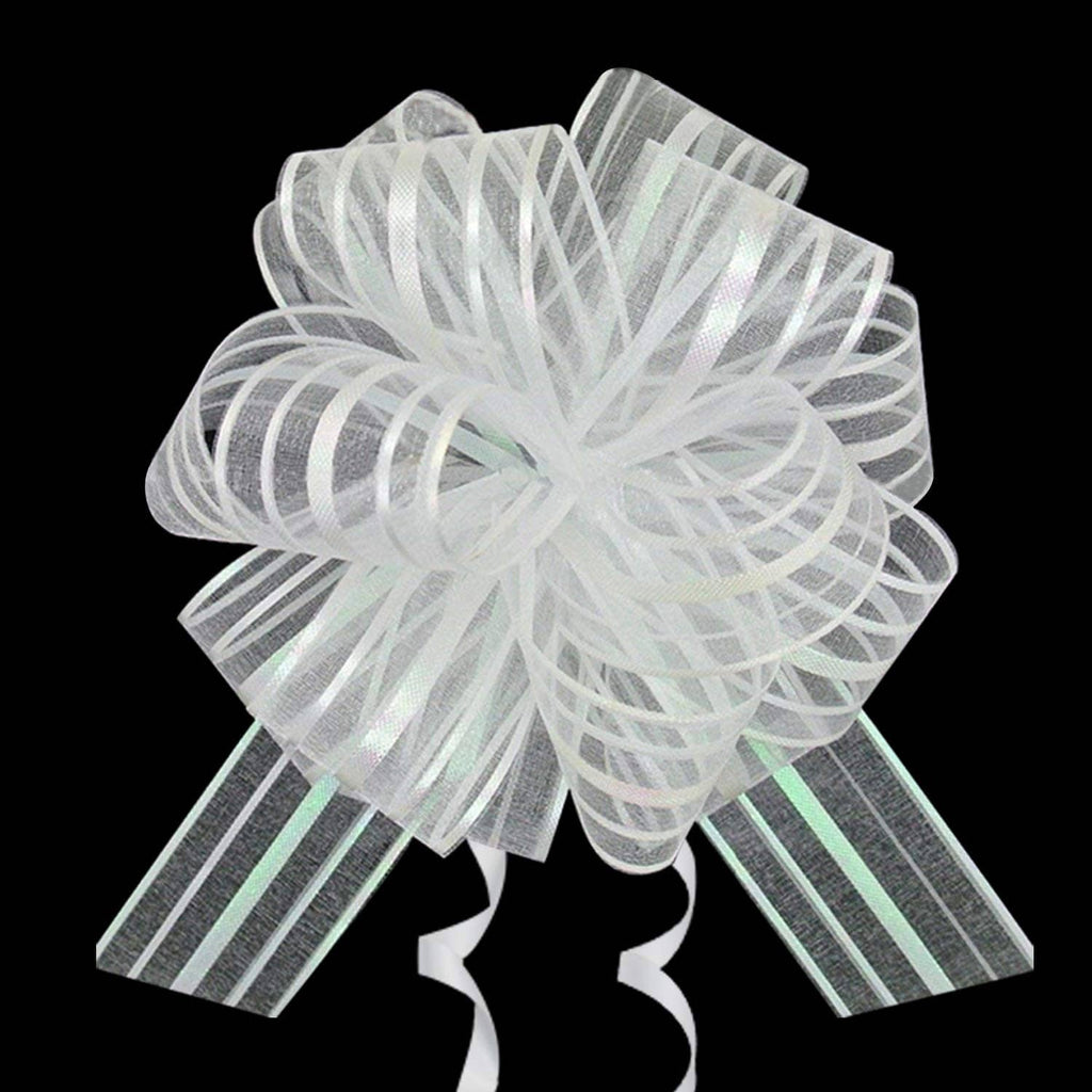 White organza pull bow ribbon with striped tails, large spiral rosette