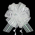 White organza pull bow ribbon with striped tails, large spiral rosette