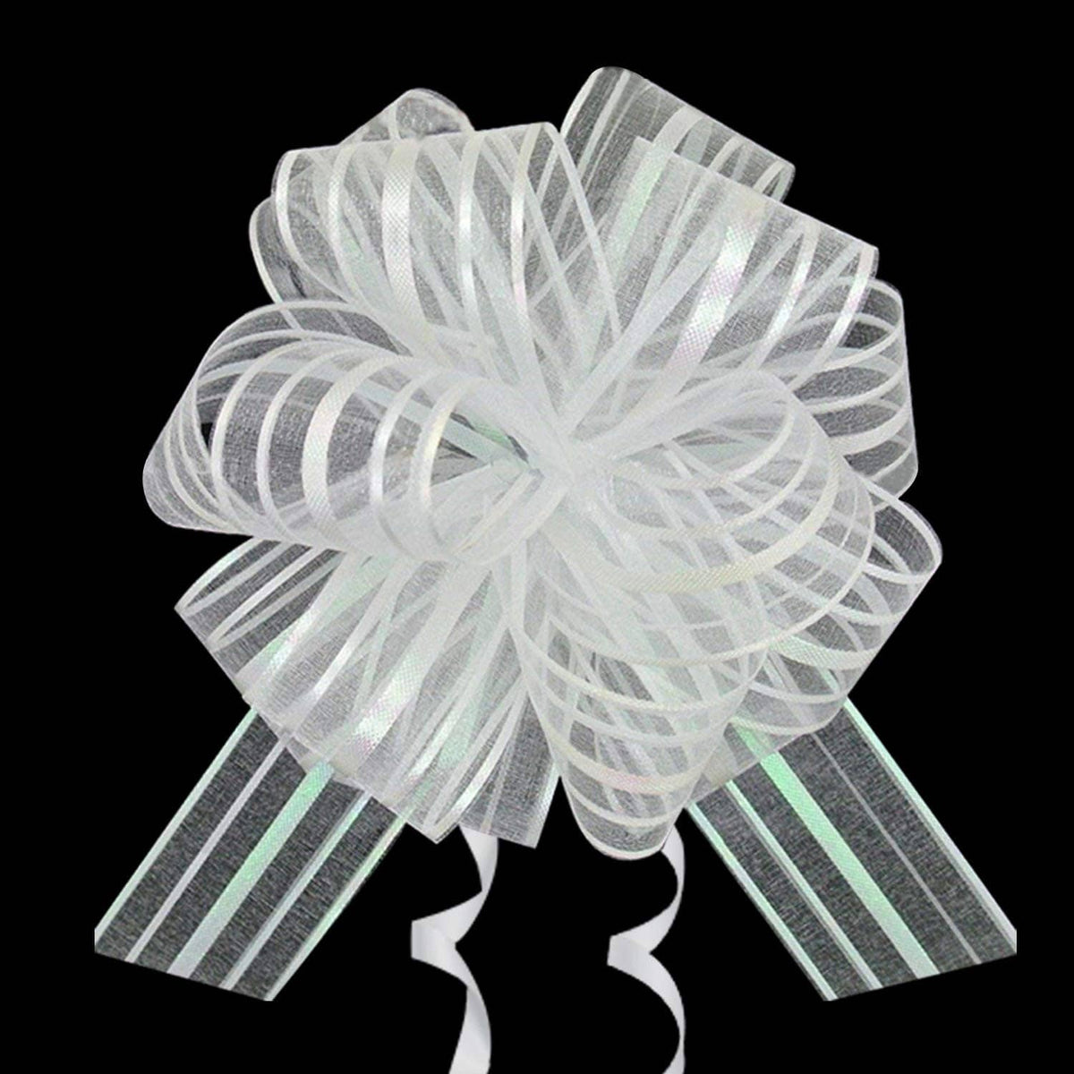 White organza pull bow ribbon with striped tails, large spiral rosette