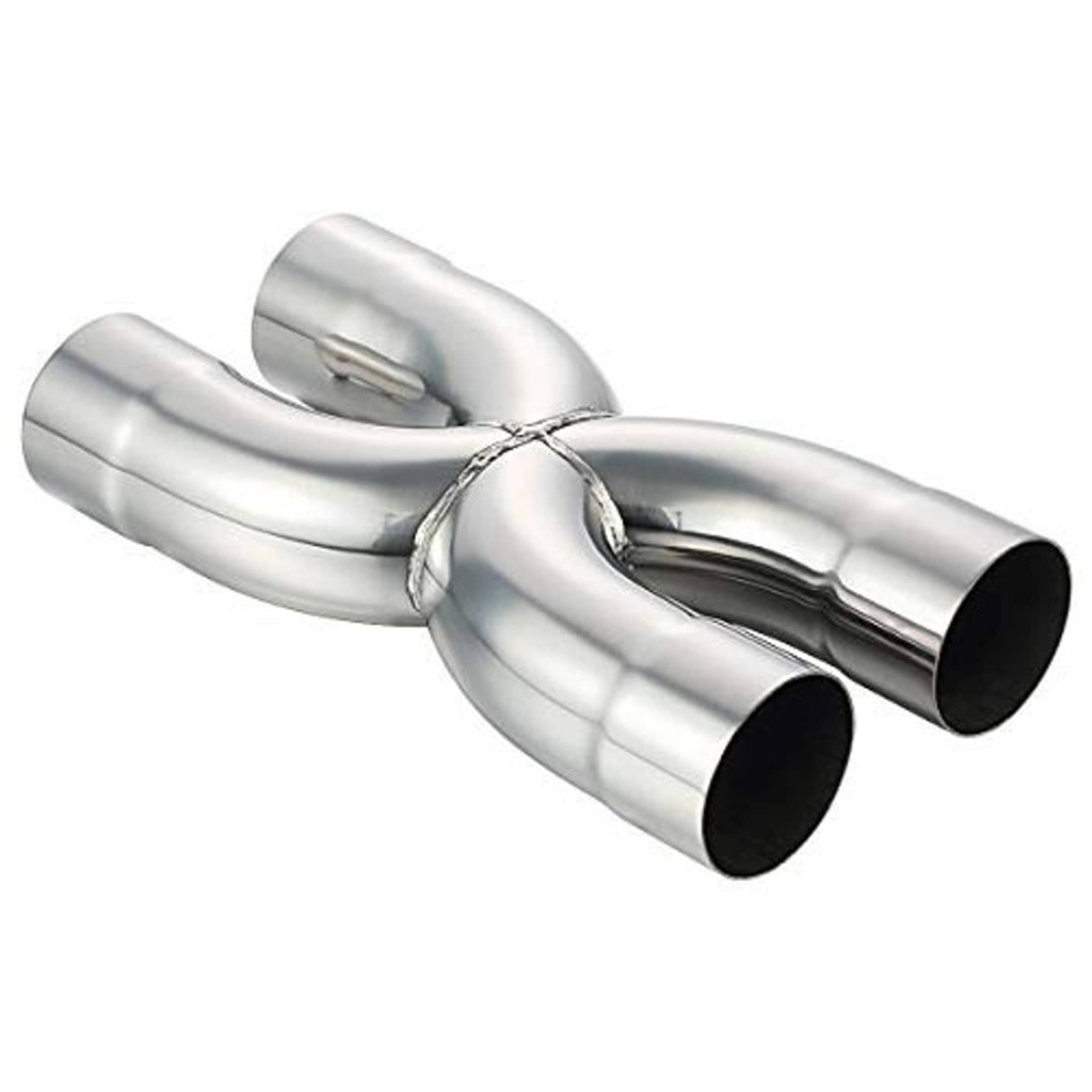 Stainless 2.5 in X crossover exhaust pipe, angled view of three welded sections