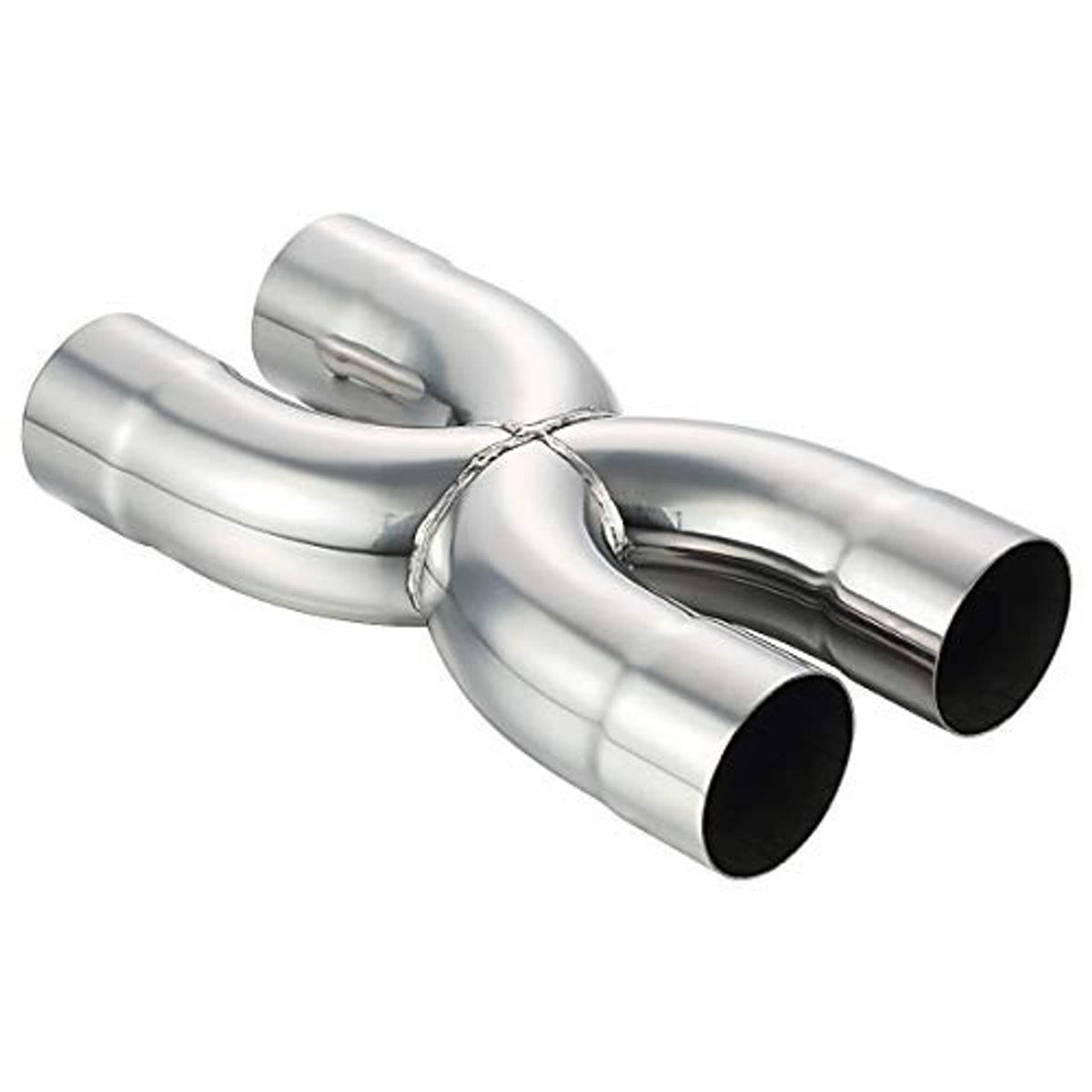 Stainless 2.5 in X crossover exhaust pipe, angled view of three welded sections