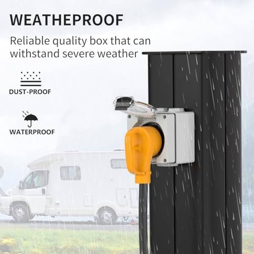 Weatherproof gray outlet box with yellow NEMA 6-50R receptacle connection