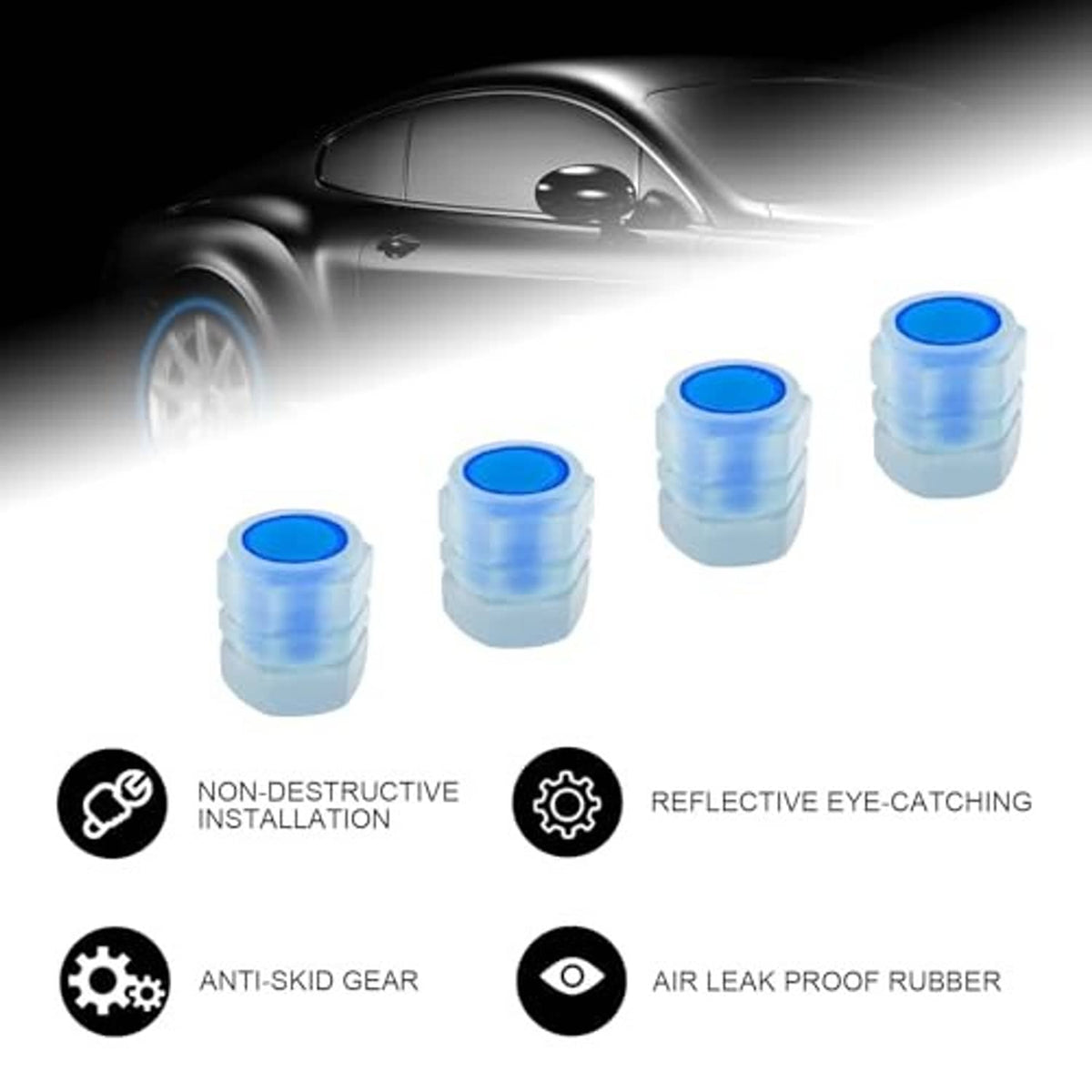 Blue glow valve stem dust caps, four-pack with non-destructive icons