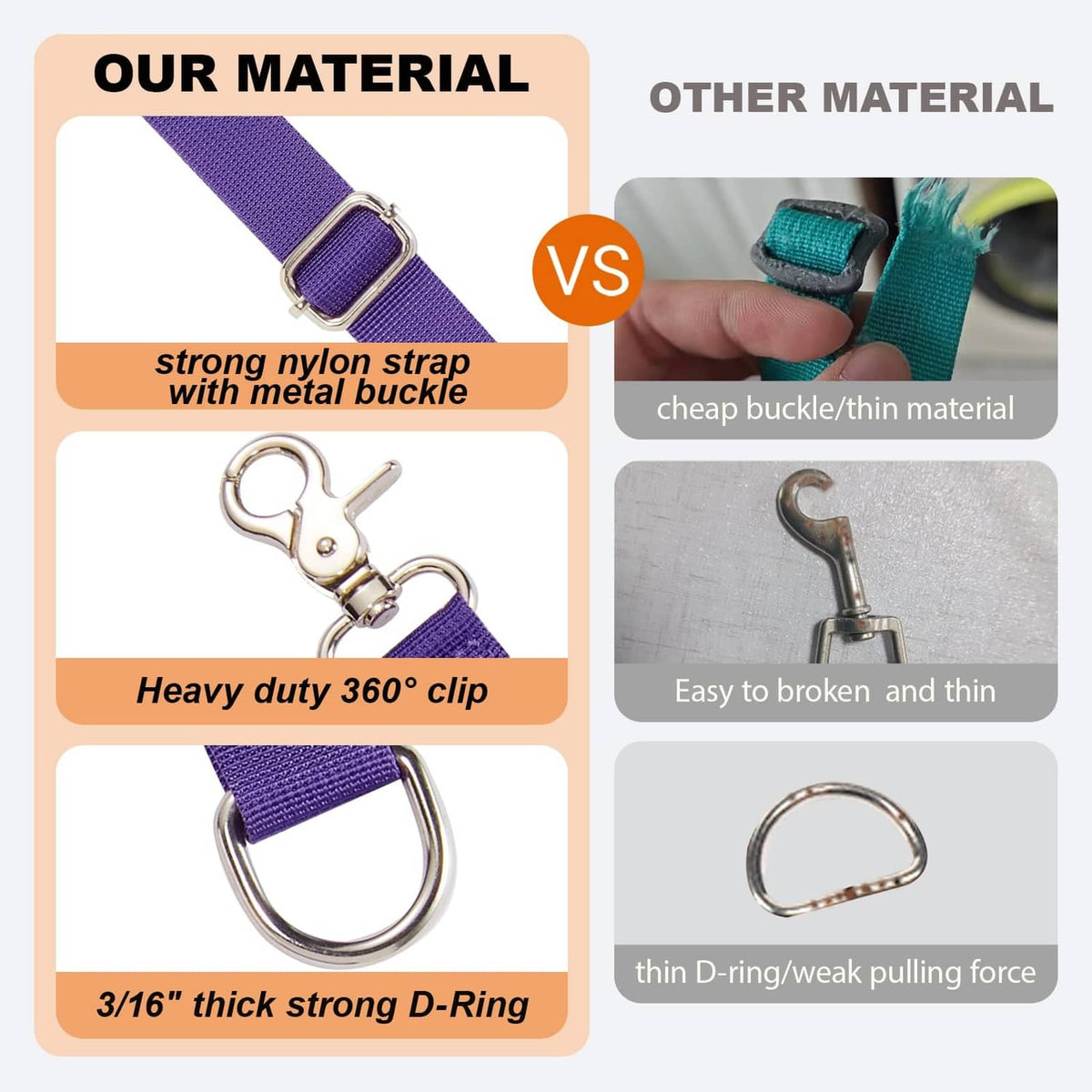 Purple nylon dog belly strap with metal D-ring buckle and heavy-duty 360 clip