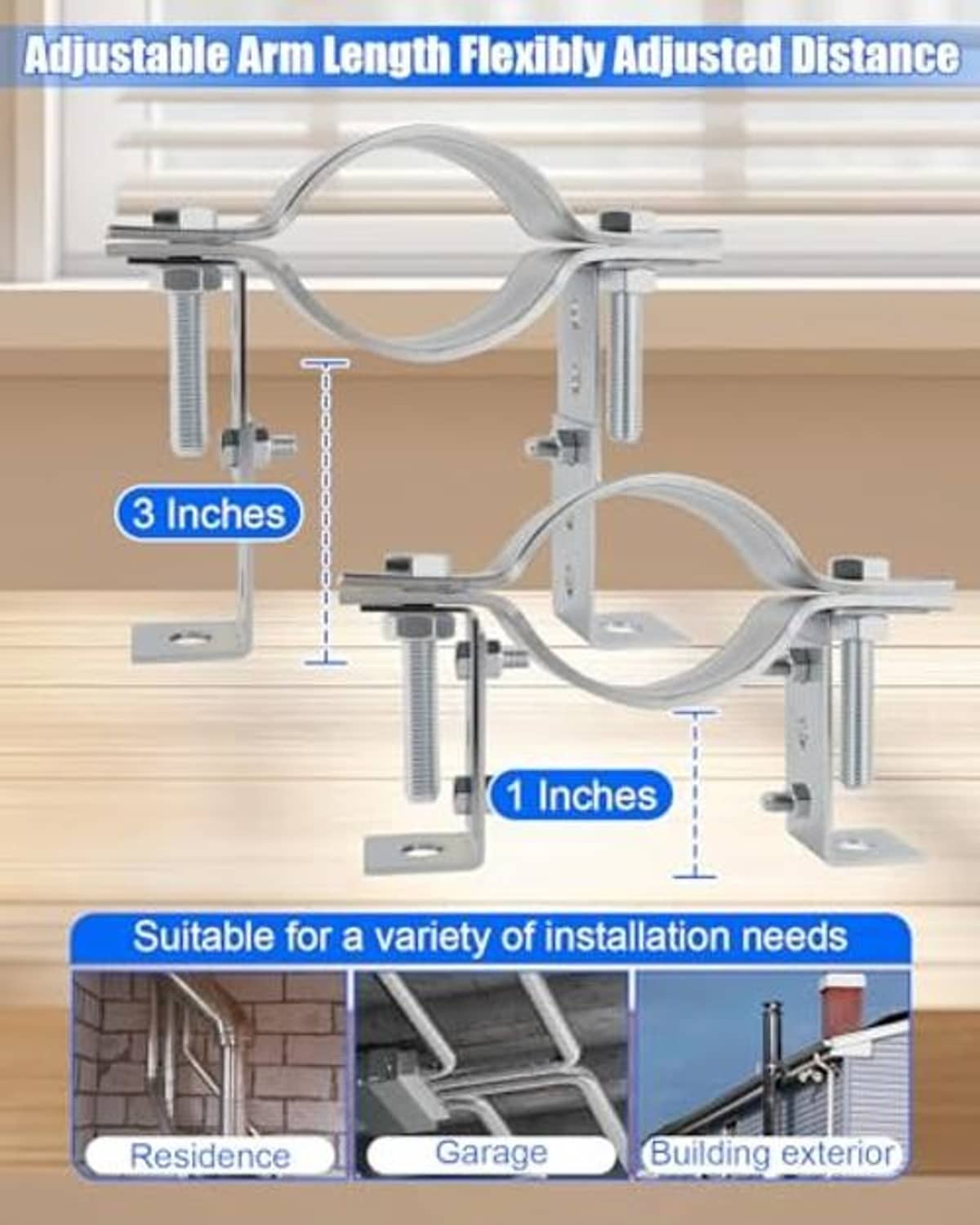 Adjustable split-ring pipe hangers with two mounting plates and flexible distance bars, gray