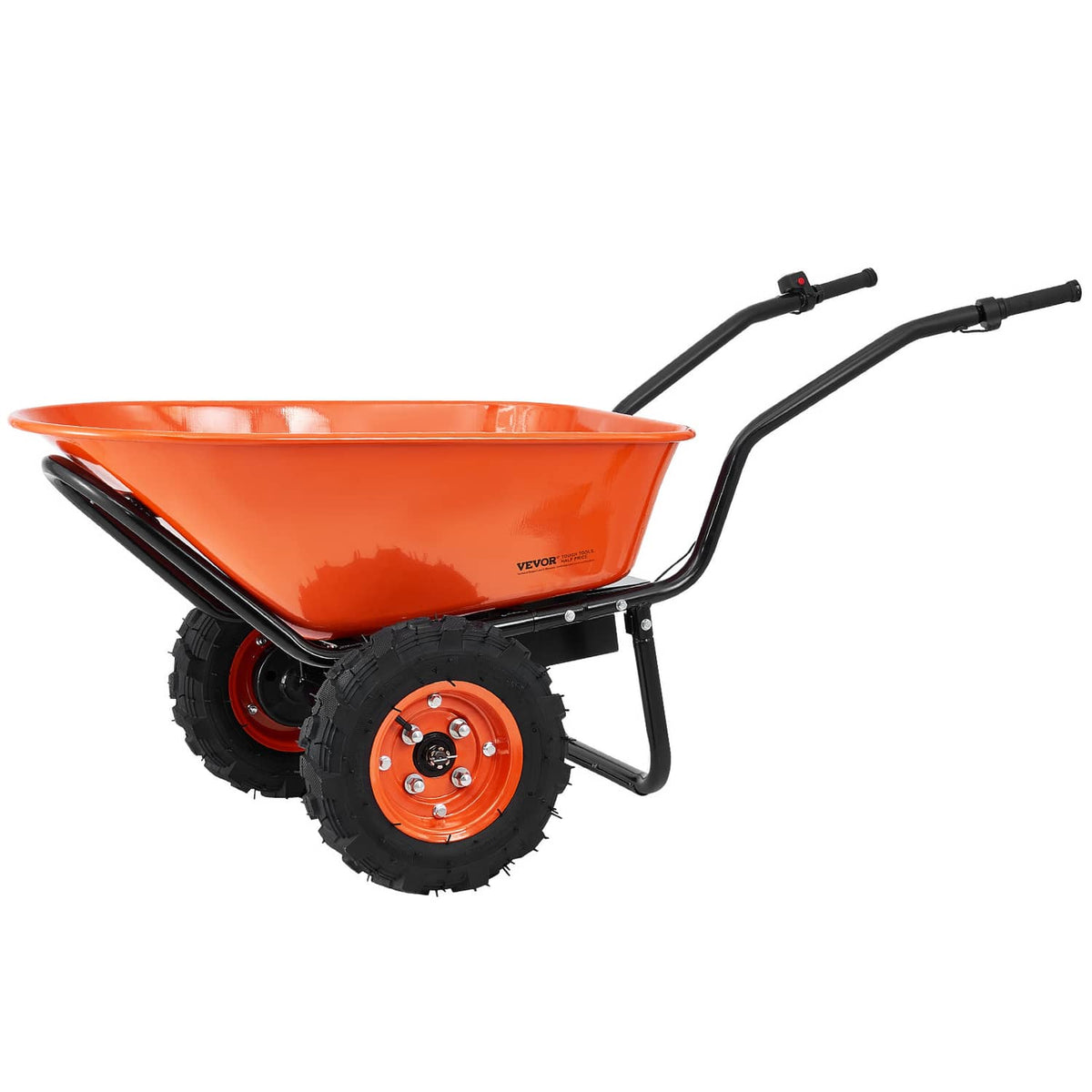 Orange electric wheelbarrow cart side view with black frame and orange wheel hub