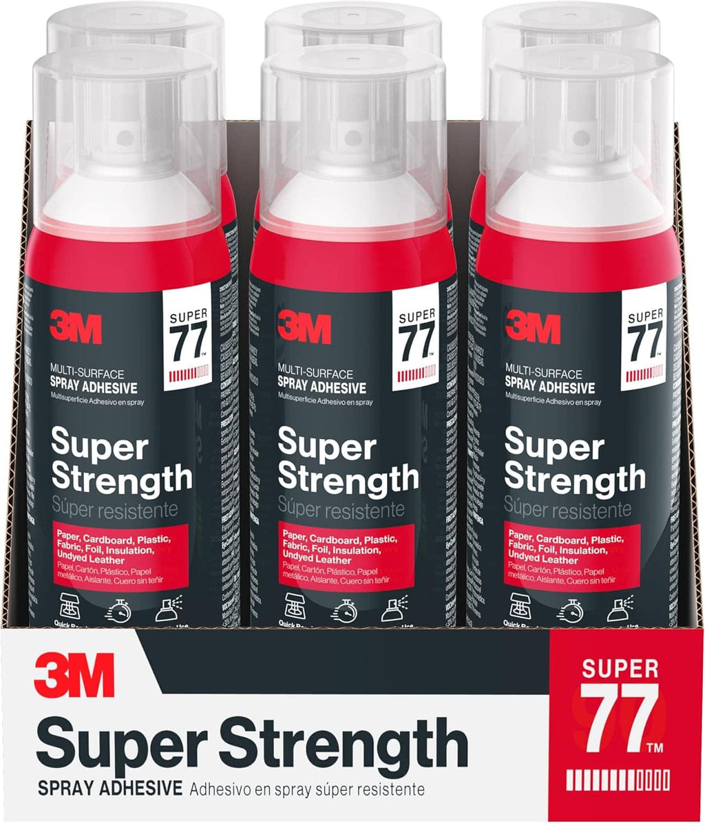 Three Super 77 spray adhesive cans side by side with red-and-black labels