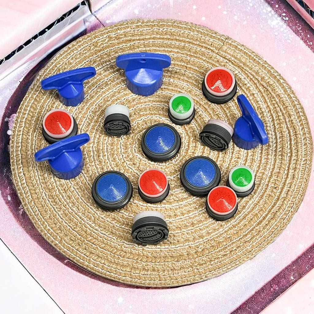 Assorted faucet aerator inserts with colored screens and blue removal keys in a tray