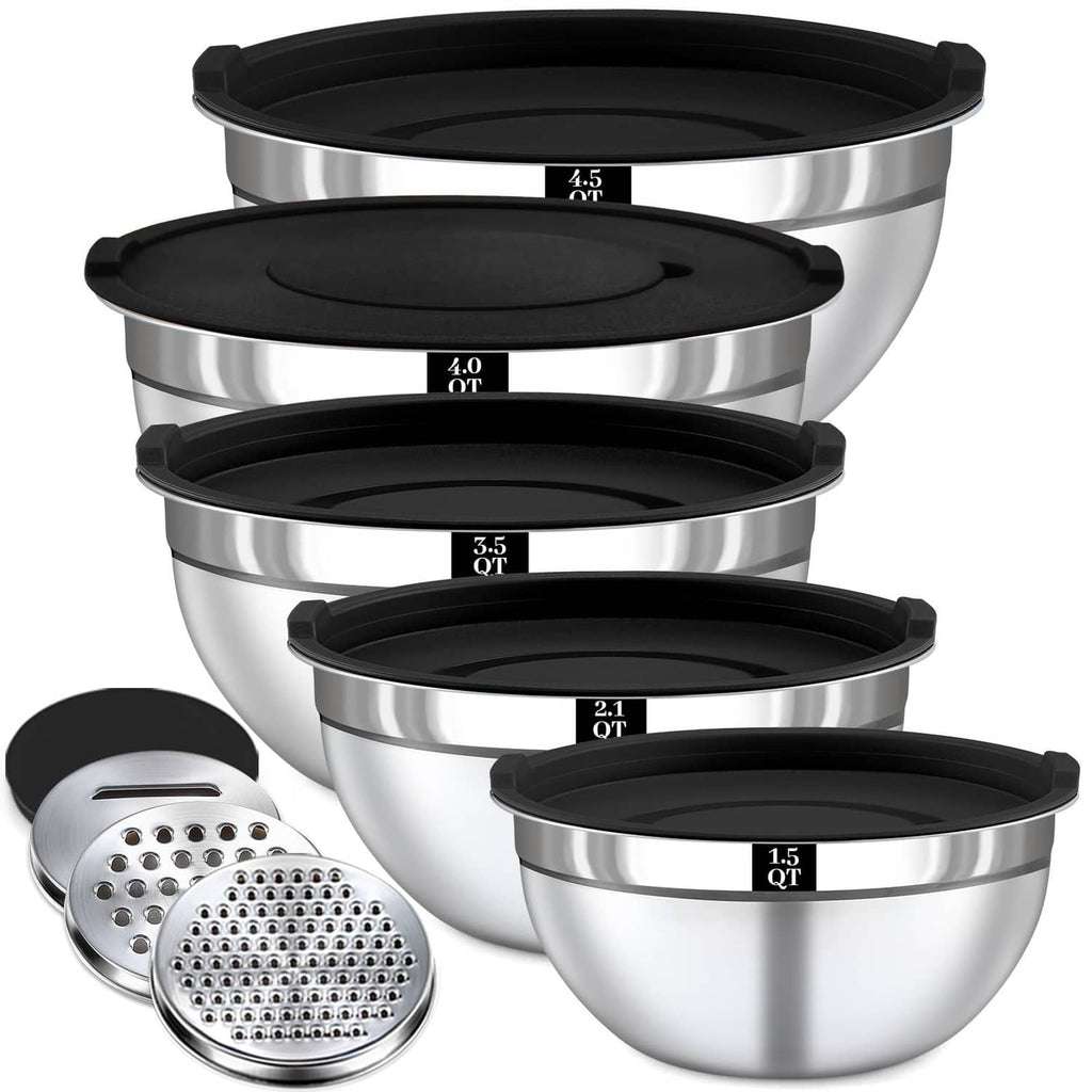 Stainless mixing bowls set with black lids and stainless grater attachment, stacked