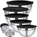 Stainless mixing bowls set with black lids and stainless grater attachment, stacked