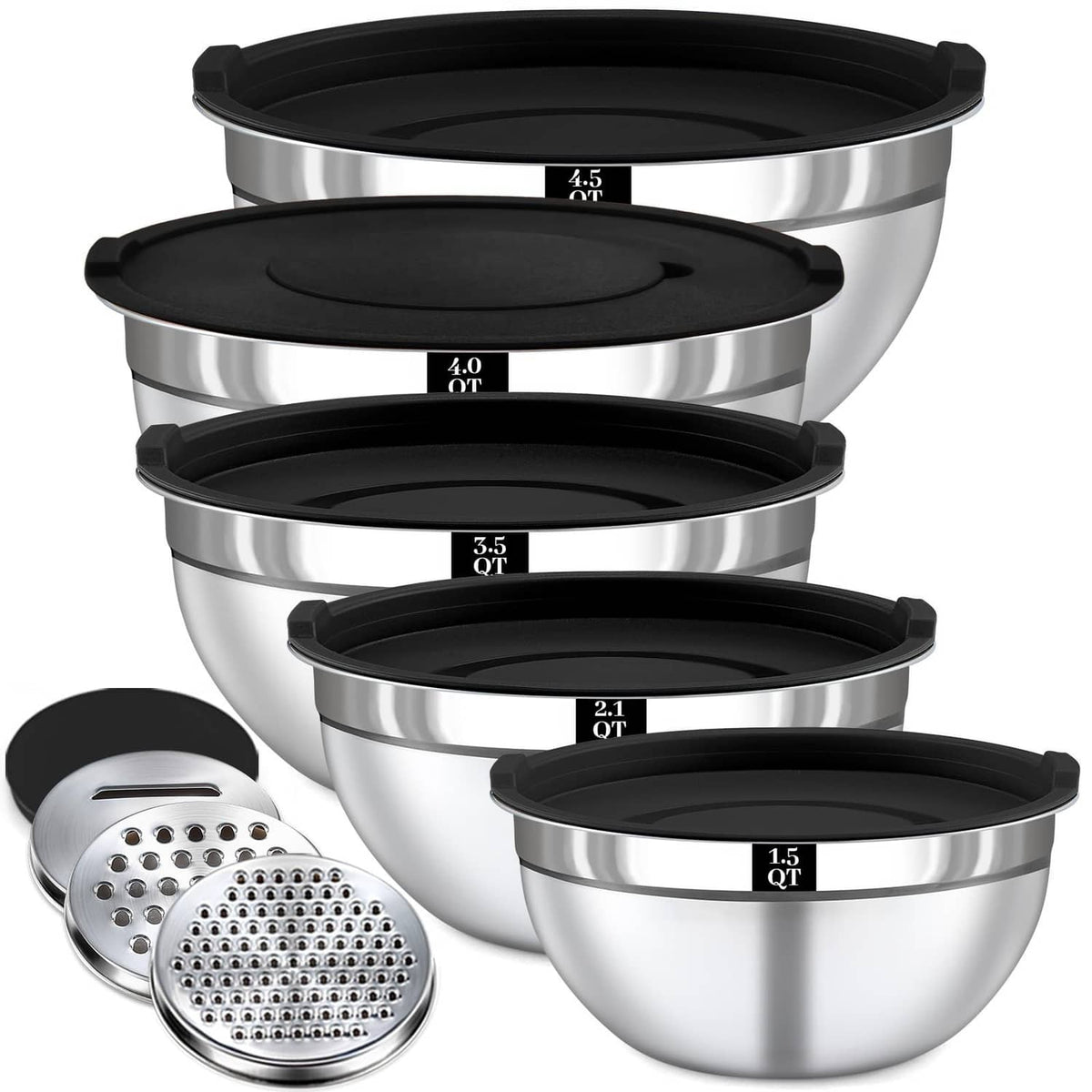Stainless mixing bowls set with black lids and stainless grater attachment, stacked