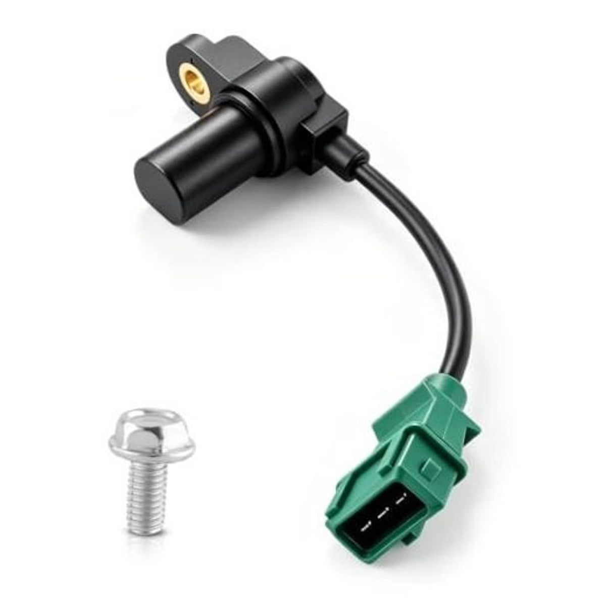 Camshaft position sensor with black body, green connector, and screw terminal