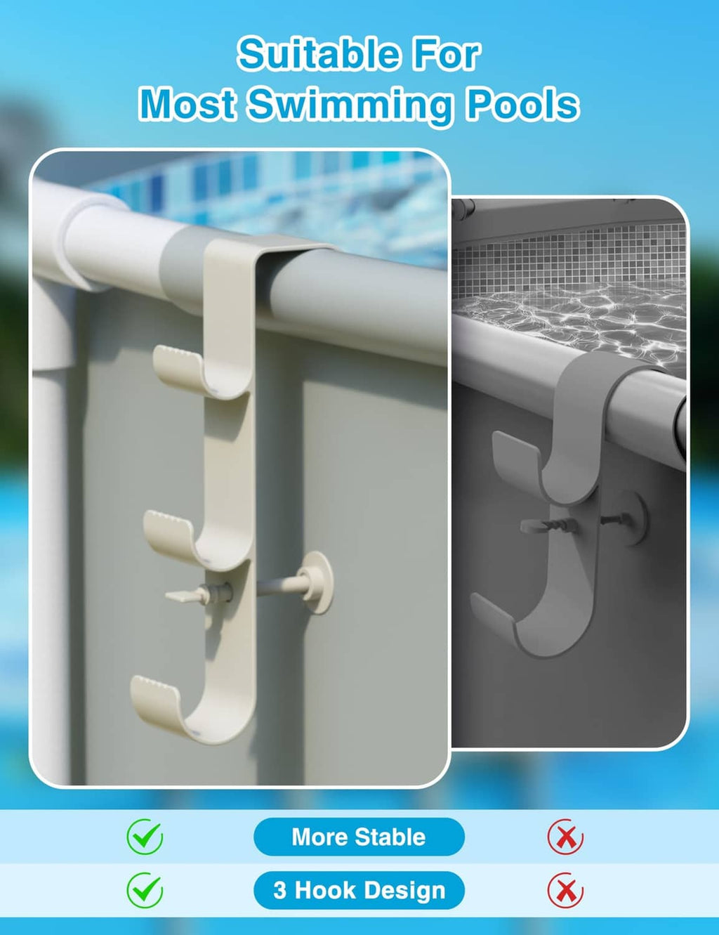 Three-hook pool hanger with U-shaped bracket for above-ground pool top rail
