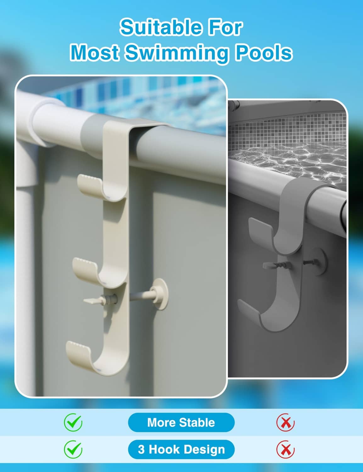 Three-hook pool hanger with U-shaped bracket for above-ground pool top rail
