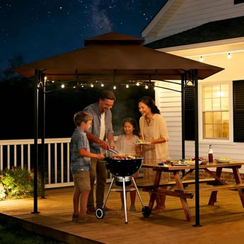 Brown grill gazebo canopy top only; shows color options in brown, blue, tan, and dark gray