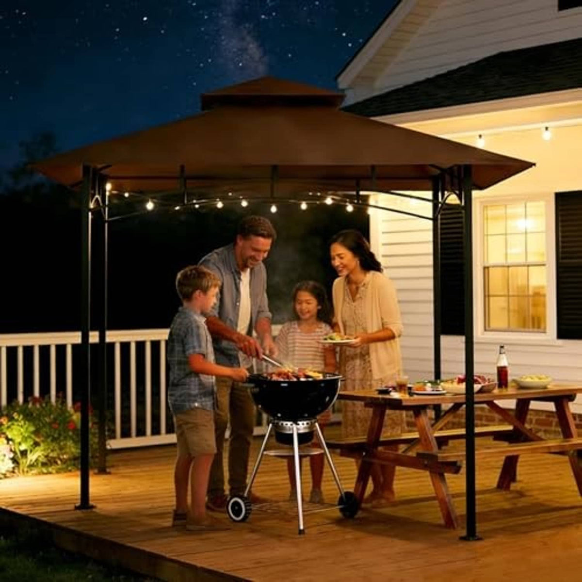 Brown grill gazebo canopy top only; shows color options in brown, blue, tan, and dark gray