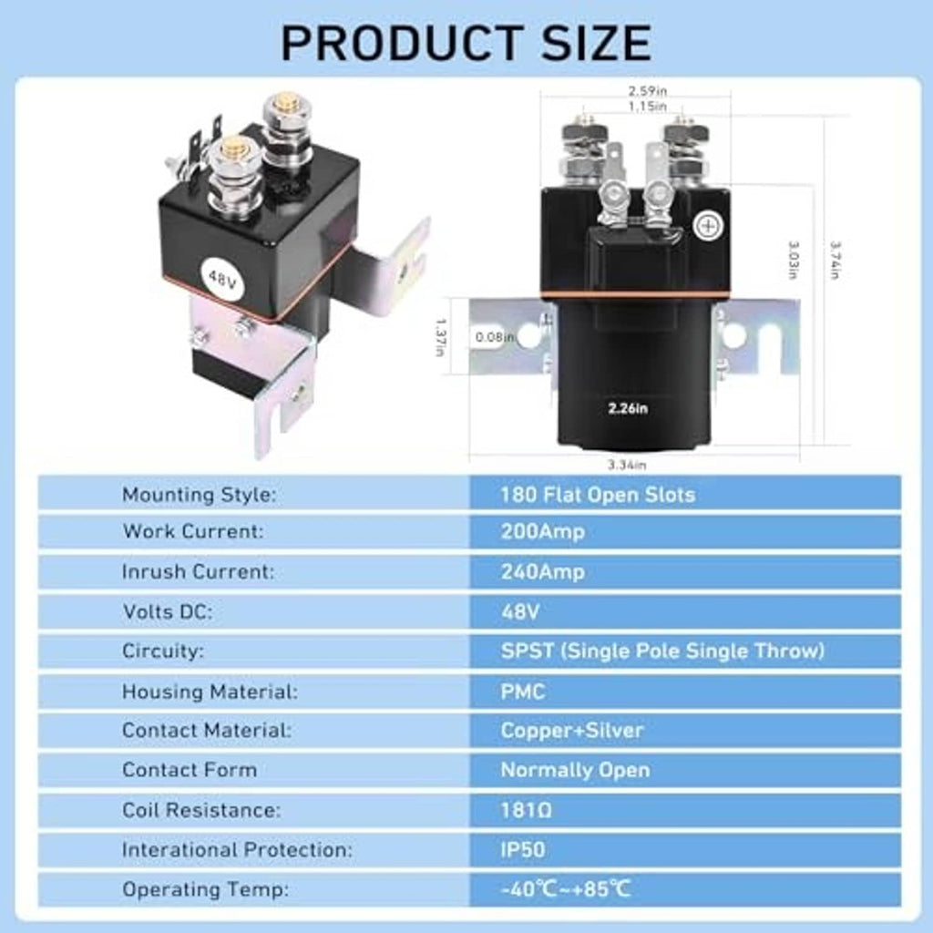 Solenoid size diagram showing 48V unit, mounting bracket, and overall dimensions