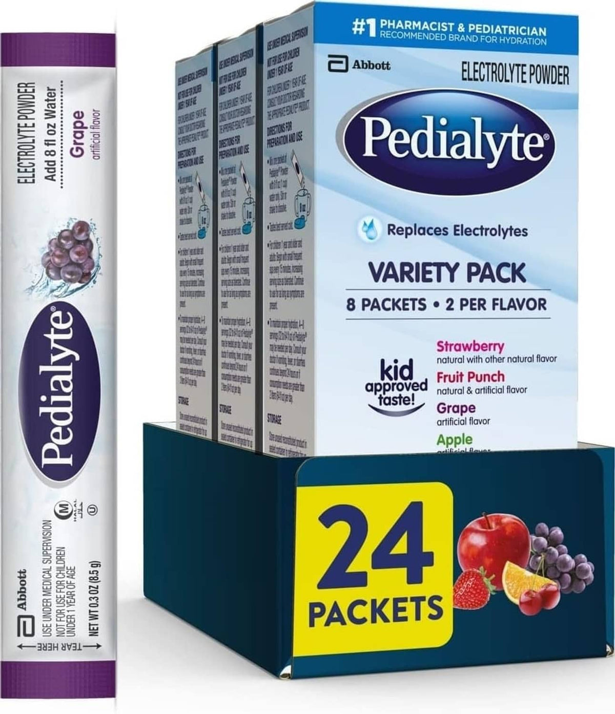 Pedialyte electrolyte powder packets, 24-count box with blue sachets