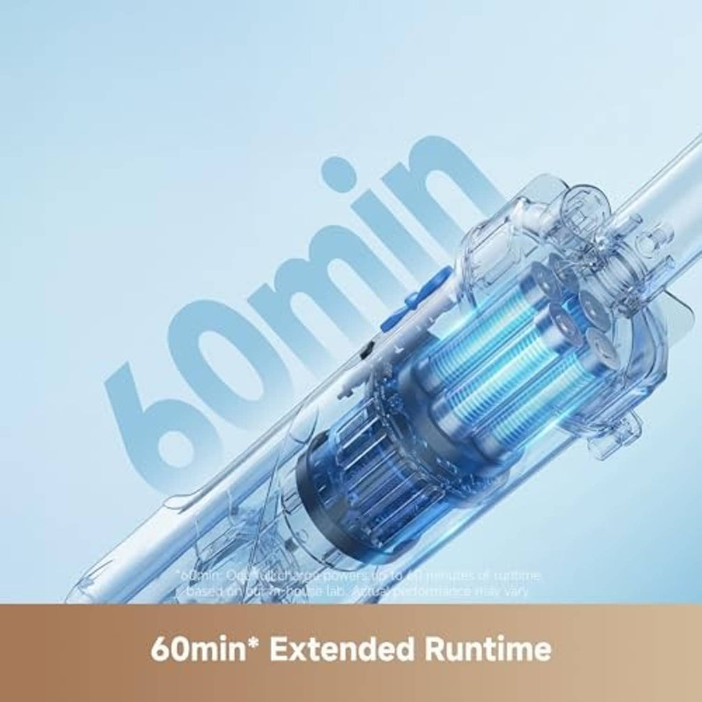 Transparent cordless pool vacuum chamber with blue inner turbine for suction