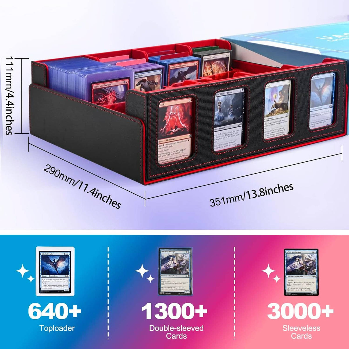 Red and black card storage box with clear front windows and multiple card slots