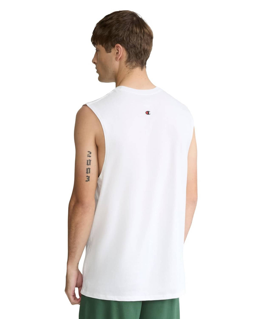 White sleeveless muscle tee with small Champion logo at back