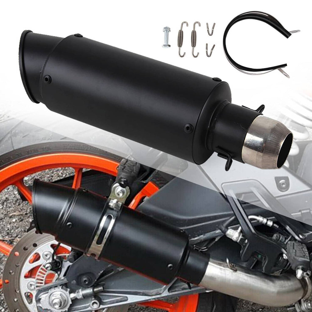 Black motorcycle exhaust muffler with removable end outlet and included mounting hardware.