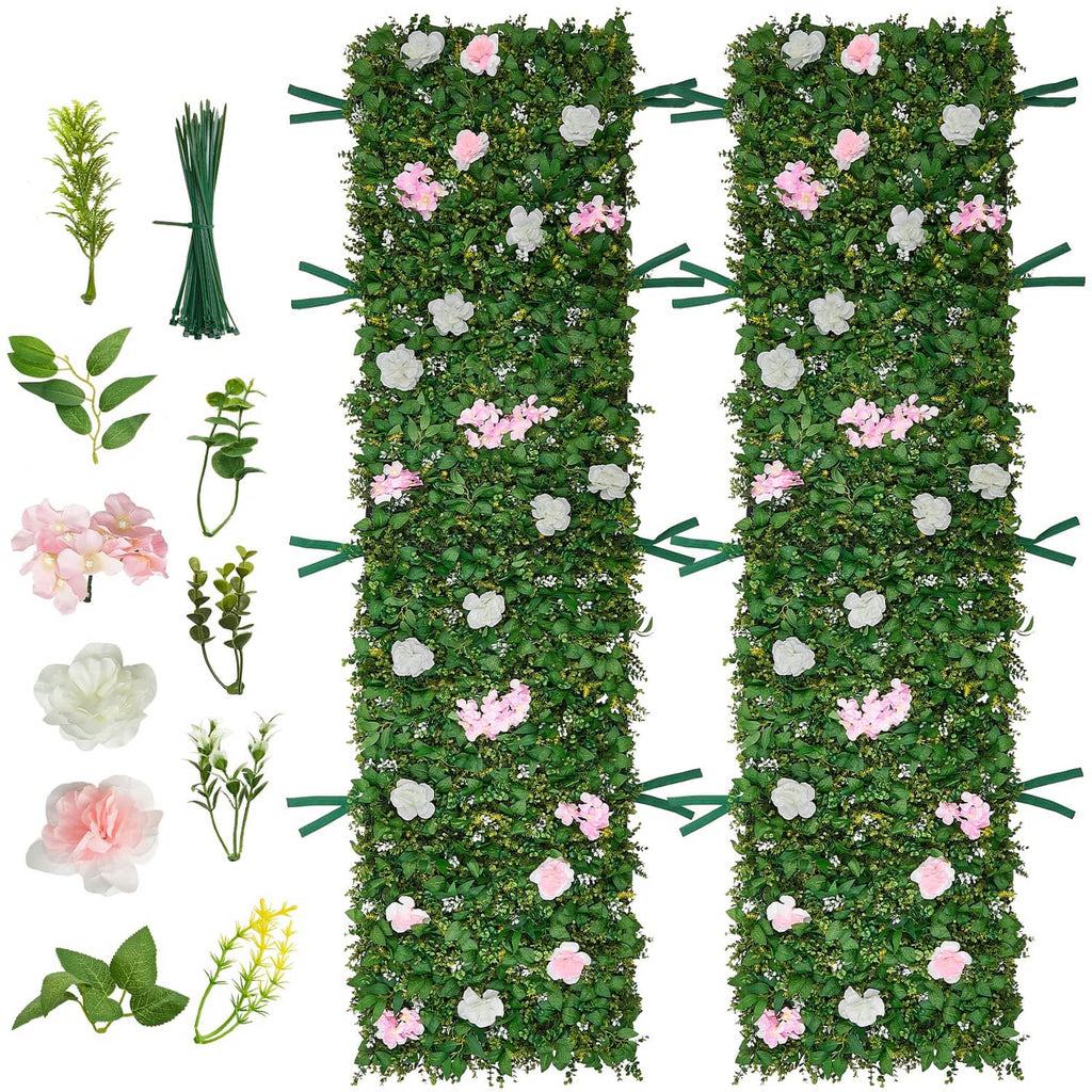 Artificial floral wall backdrop panels with green foliage and pink and white flowers