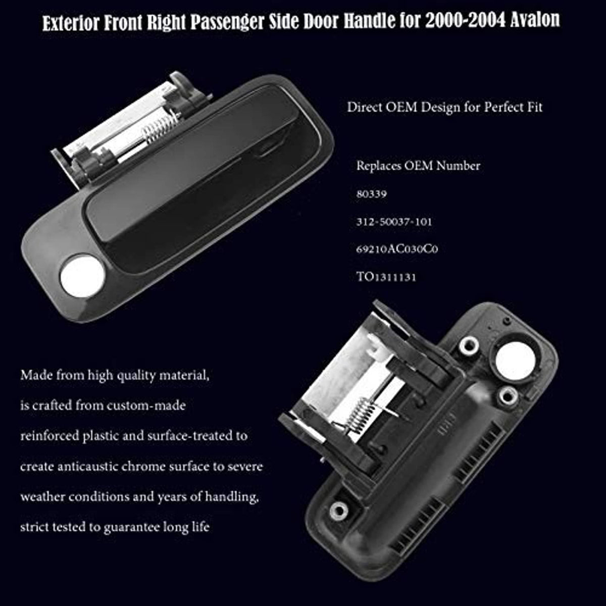 Black exterior front right door handle with mounting hardware and exposed metal spring