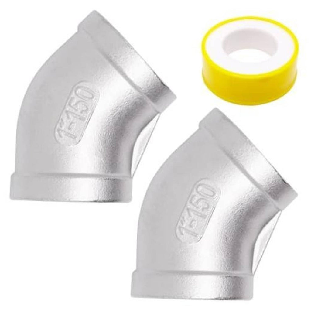Stainless steel 45° elbow fittings, female NPT threads, include yellow sealing tape.