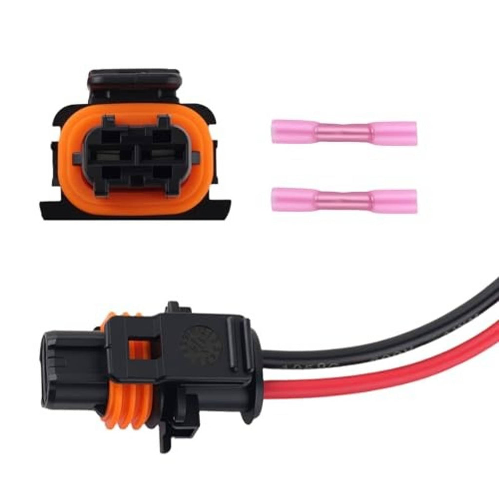 Alternator connector pigtail harness with black plug, red leads, orange insert, and two pink terminal pins