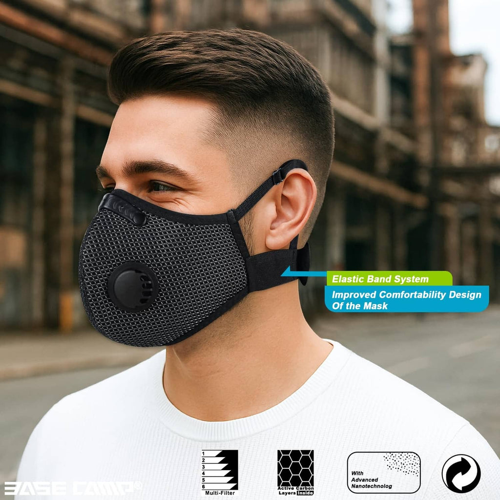 Black mesh dust mask with circular valve and ear-loop straps on a person